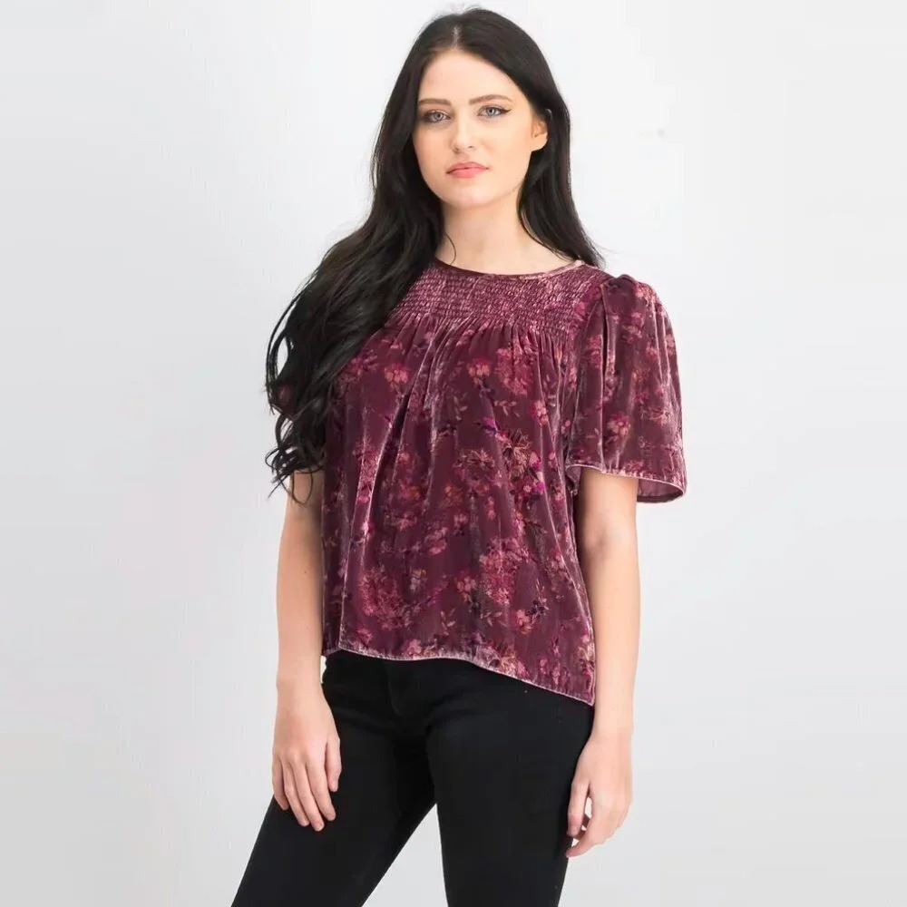 Rebecca Taylor Women Jewel Floral Print Velvet Top, Plum Combo. Sz: 4